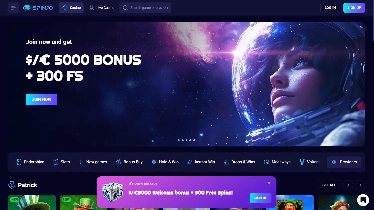 Spinjo Casino home page on desktop