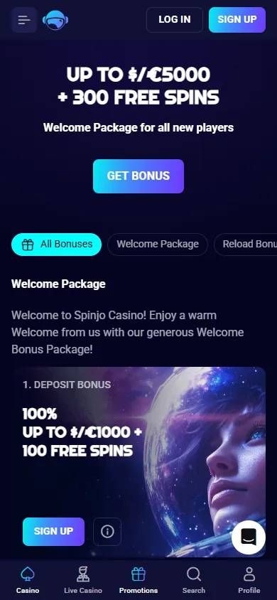 Spinjo Casino promotions area on a mobile device