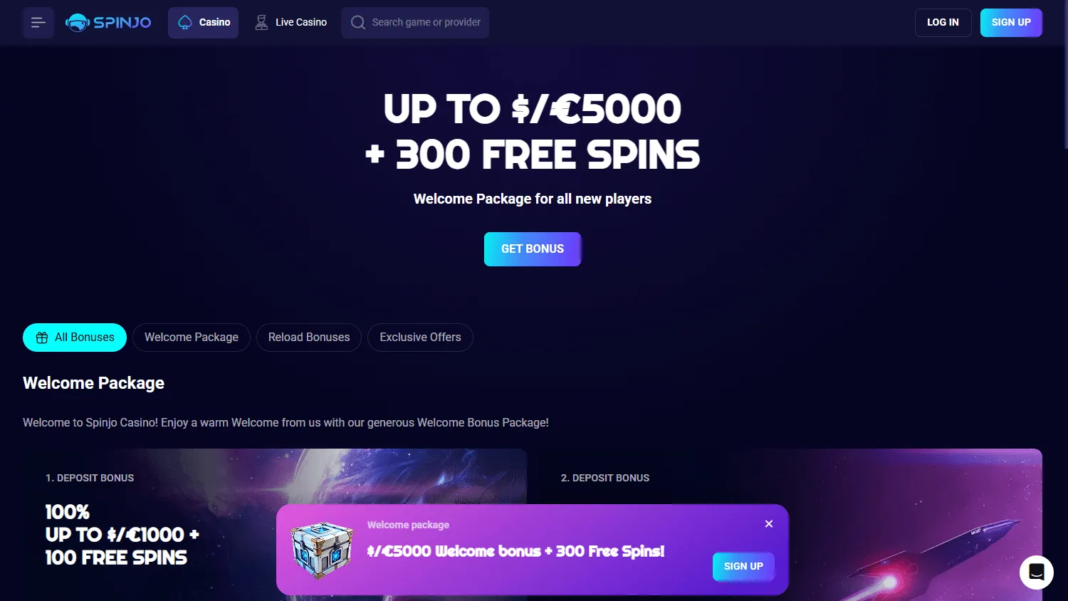 Spinjo Casino promotions area on desktop
