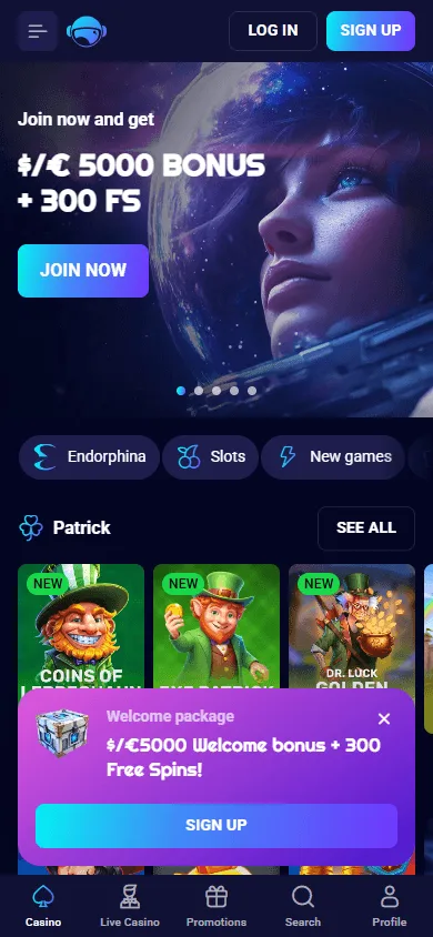 Spinjo Casino home page on a mobile device