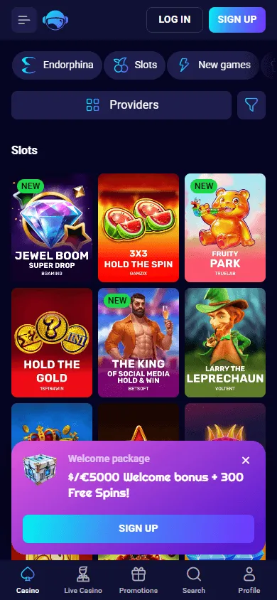 Spinjo Casino games area on a mobile device