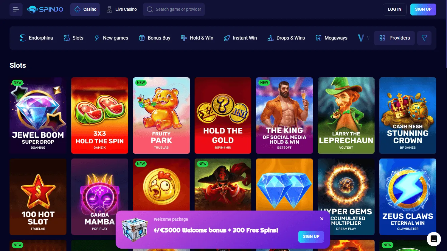 Spinjo Casino games area on desktop